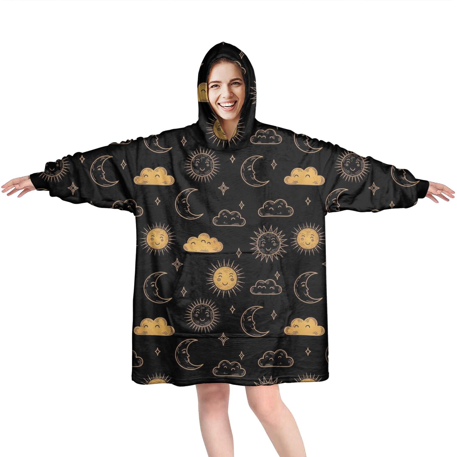 Wearable Oversized Blanket,Black Sun Moon Cloud Pattern Wearable Blanket Hoodie for Adults,Cozy Hooded Blankets with Super Pockets,Super Warm Fuzzy Pullover for Women & Men