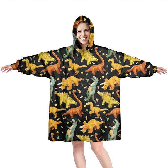 Wearable Oversized Blanket,Black Toy Like Dinosaurs Pattern Wearable Blanket Hoodie for Adults,Cozy Hooded Blankets with Super Pockets,Super Warm Fuzzy Pullover for Women & Men