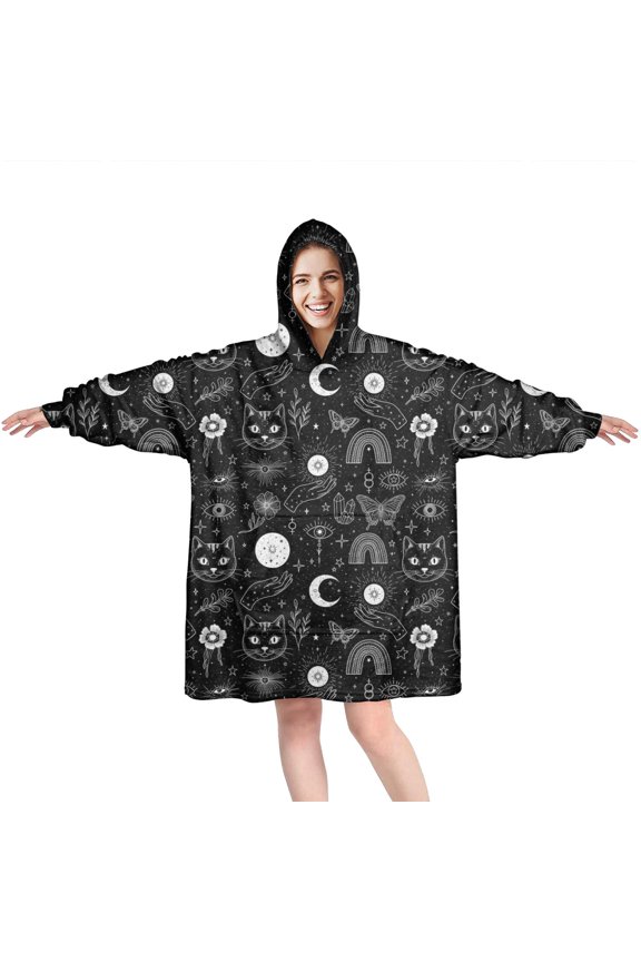Wearable Oversized Blanket,Black White Cat Hand Rainbow Eye Moon Flower Pattern Wearable Blanket Hoodie for Adults,Cozy Hooded Blankets with Super Pockets,Super Warm Fuzzy Pullover for Women & Men