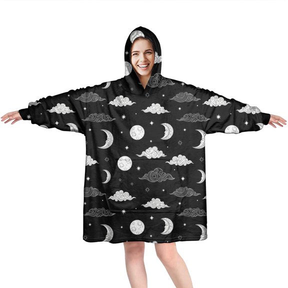 Wearable Oversized Blanket,Black White Cloud Moon Star Pattern Wearable Blanket Hoodie for Adults,Cozy Hooded Blankets with Super Pockets,Super Warm Fuzzy Pullover for Women & Men