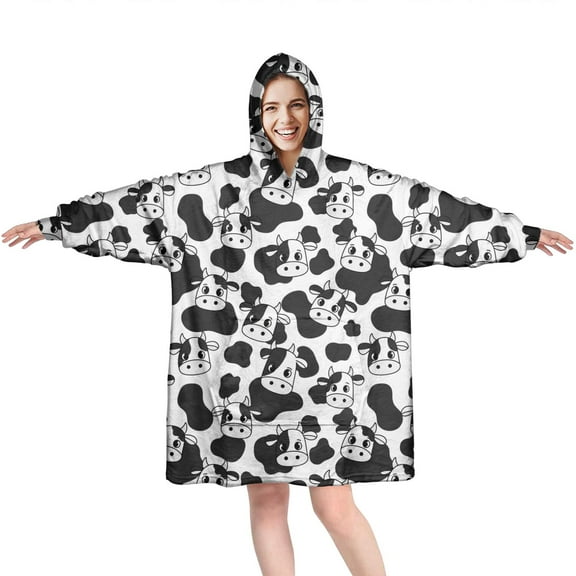 Wearable Oversized Blanket,Black White Cow Pattern Wearable Blanket Hoodie for Adults,Cozy Hooded Blankets with Super Pockets,Super Warm Fuzzy Pullover for Women & Men
