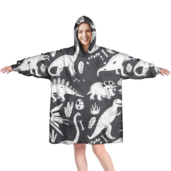 Wearable Oversized Blanket,Black and White Dinosaur Pattern Wearable Blanket Hoodie for Adults,Cozy Hooded Blankets with Super Pockets,Super Warm Fuzzy Pullover for Women & Men