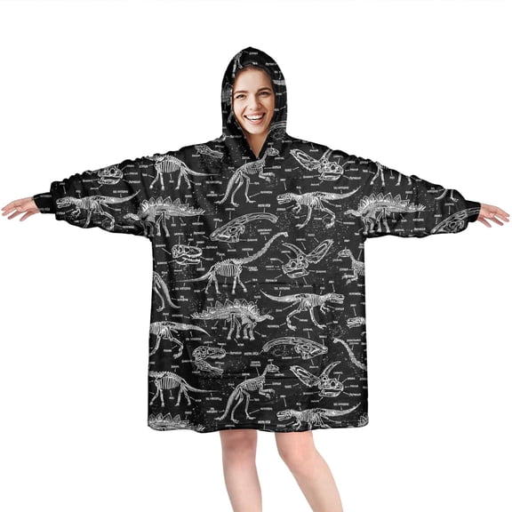 Wearable Oversized Blanket,Black White Dinosaurs Skeletons Pattern Wearable Blanket Hoodie for Adults,Cozy Hooded Blankets with Super Pockets,Super Warm Fuzzy Pullover for Women & Men
