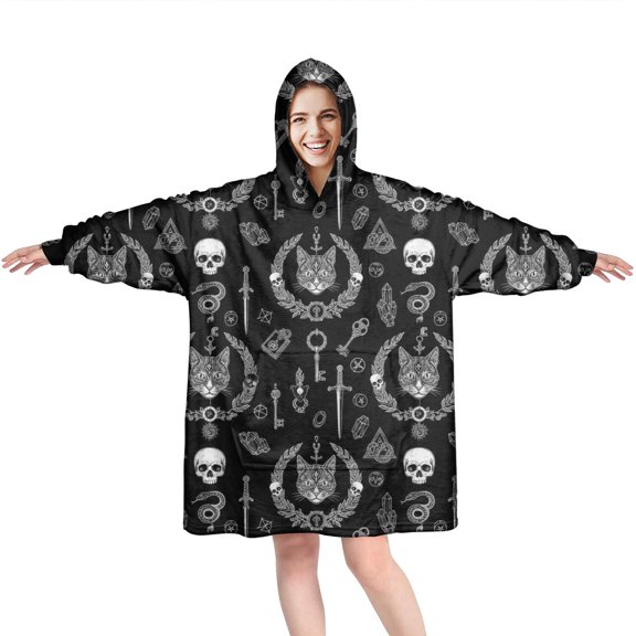 Wearable Oversized Blanket,Black White Gothic Cat Skull Key Pattern Wearable Blanket Hoodie for Adults,Cozy Hooded Blankets with Super Pockets,Super Warm Fuzzy Pullover for Women & Men