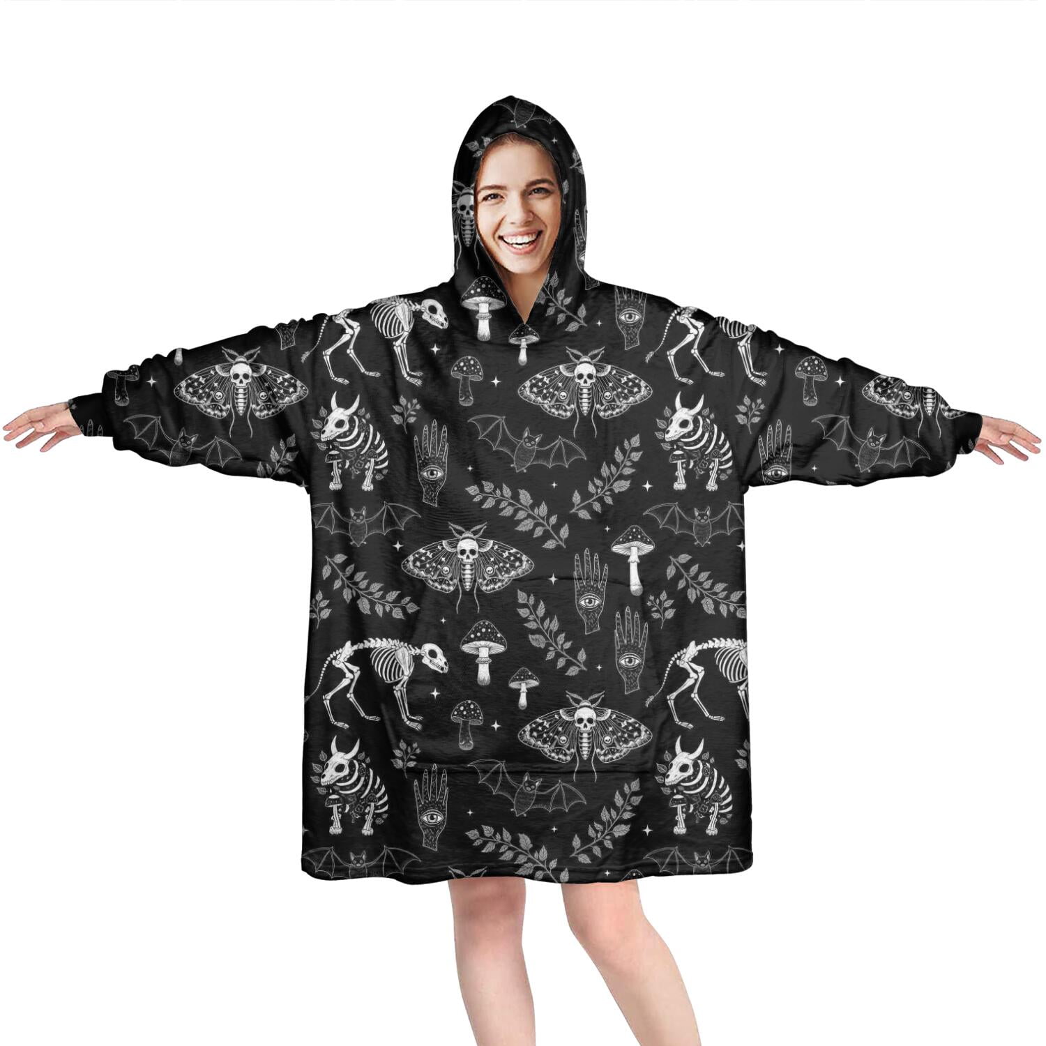 Wearable Oversized Blanket,Black White Gothic Skull Moth Hand Pattern Wearable Blanket Hoodie for Adults,Cozy Hooded Blankets with Super Pockets,Super Warm Fuzzy Pullover for Women & Men