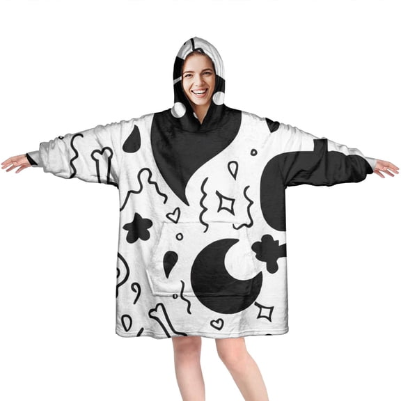 Wearable Oversized Blanket,Black and White Halloween Doodle Pattern Wearable Blanket Hoodie for Adults,Cozy Hooded Blankets with Super Pockets,Super Warm Fuzzy Pullover for Women & Men