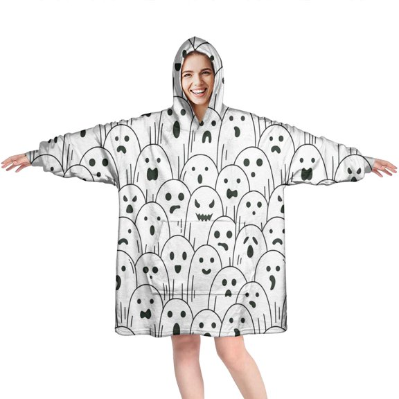 Wearable Oversized Blanket,Black and White Halloween Ghosts Wearable Blanket Hoodie for Adults,Cozy Hooded Blankets with Super Pockets,Super Warm Fuzzy Pullover for Women & Men