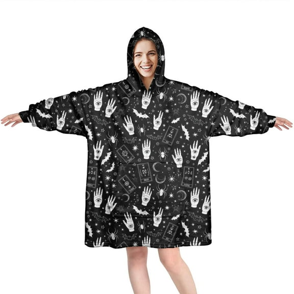 Wearable Oversized Blanket,Black White Halloween Hand Tarot Bat Pattern Wearable Blanket Hoodie for Adults,Cozy Hooded Blankets with Super Pockets,Super Warm Fuzzy Pullover for Women & Men