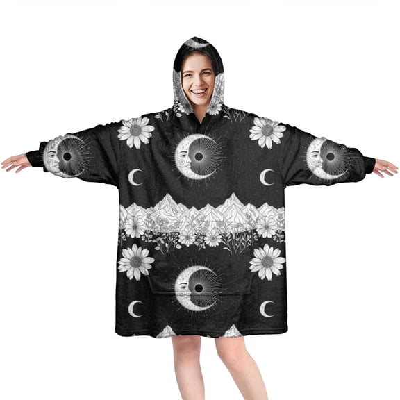 Wearable Oversized Blanket,Black White Moon Flower Mountain Pattern Wearable Blanket Hoodie for Adults,Cozy Hooded Blankets with Super Pockets,Super Warm Fuzzy Pullover for Women & Men