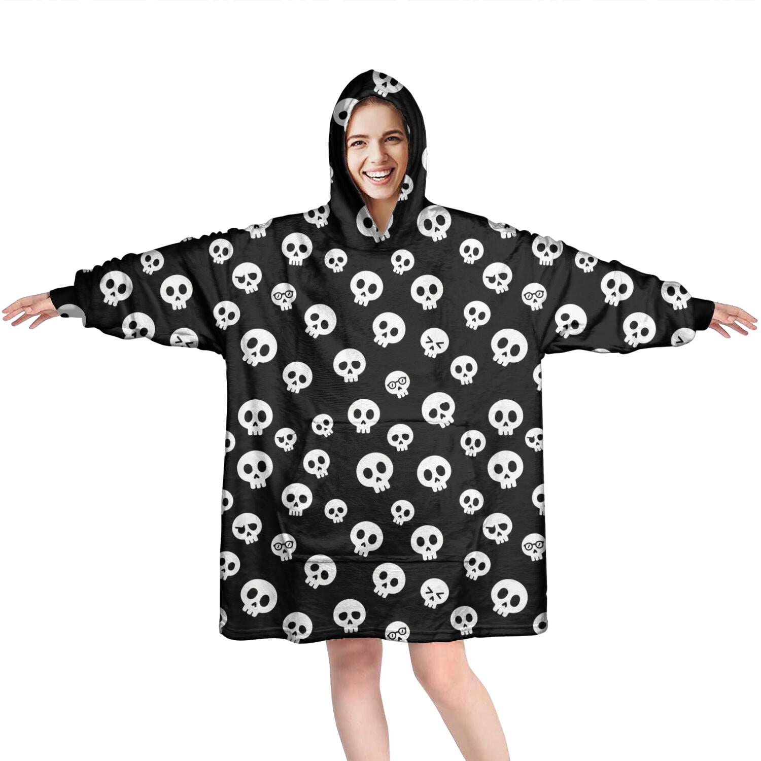 Wearable Oversized Blanket,Black White Skull Pattern Wearable Blanket Hoodie for Adults,Cozy Hooded Blankets with Super Pockets,Super Warm Fuzzy Pullover for Women & Men