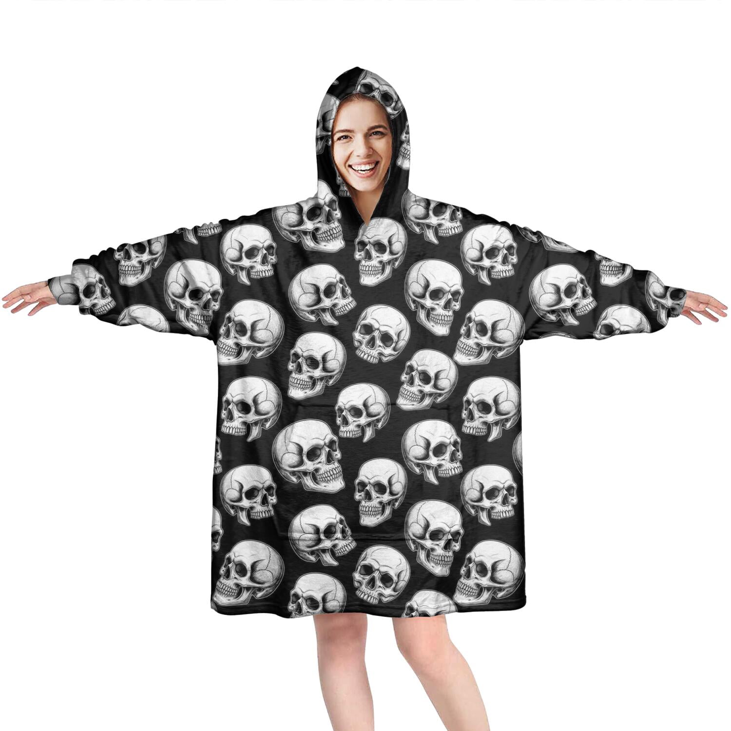 Wearable Oversized Blanket,Black White Skull Pattern Wearable Blanket Hoodie for Adults,Cozy Hooded Blankets with Super Pockets,Super Warm Fuzzy Pullover for Women & Men