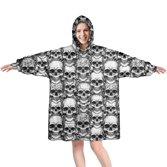 Wearable Oversized Blanket,Black White Skull Stack Pattern Wearable Blanket Hoodie for Adults,Cozy Hooded Blankets with Super Pockets,Super Warm Fuzzy Pullover for Women & Men