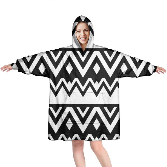 Wearable Oversized Blanket,Black and White Zigzag Pattern Wearable Blanket Hoodie for Adults,Cozy Hooded Blankets with Super Pockets,Super Warm Fuzzy Pullover for Women & Men