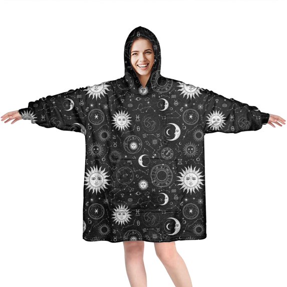 Wearable Oversized Blanket,Black White Zodiac Sun Moon Pattern Wearable Blanket Hoodie for Adults,Cozy Hooded Blankets with Super Pockets,Super Warm Fuzzy Pullover for Women & Men