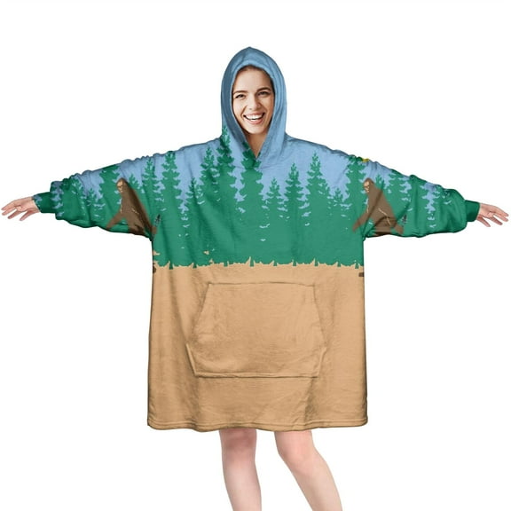 Wearable Oversized Blanket,Blue Bigfoot and Guitar Pattern Wearable Blanket Hoodie for Adults,Cozy Hooded Blankets with Super Pockets,Super Warm Fuzzy Pullover for Women & Men