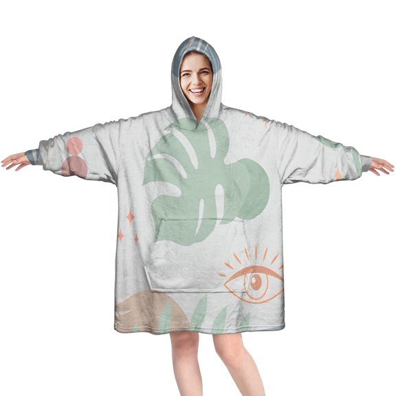 Wearable Oversized Blanket,Blue Boho Abstract and Plant Pattern Wearable Blanket Hoodie for Adults,Cozy Hooded Blankets with Super Pockets,Super Warm Fuzzy Pullover for Women & Men