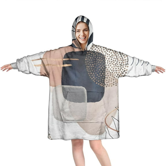 Wearable Oversized Blanket,Blue Boho Abstract and Plant Pattern Wearable Blanket Hoodie for Adults,Cozy Hooded Blankets with Super Pockets,Super Warm Fuzzy Pullover for Women & Men