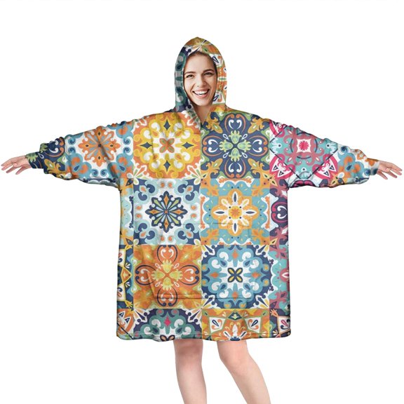 Wearable Oversized Blanket,Blue Boho Bohemia Floral Geometric Pattern Wearable Blanket Hoodie for Adults,Cozy Hooded Blankets with Super Pockets,Super Warm Fuzzy Pullover for Women & Men