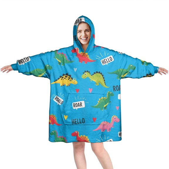 Wearable Oversized Blanket,Blue Cartoon Dinosaurs WordsHearts Pattern Wearable Blanket Hoodie for Adults,Cozy Hooded Blankets with Super Pockets,Super Warm Fuzzy Pullover for Women & Men