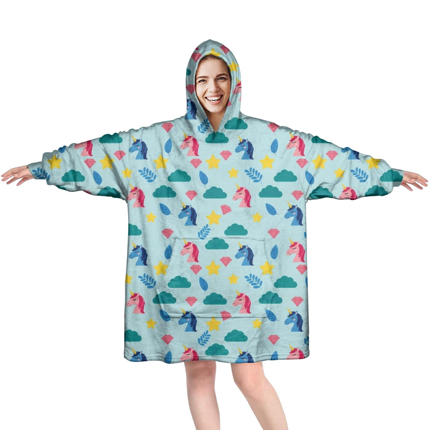 Wearable Oversized Blanket,Blue Cartoon Unicorn Cloud Diamond Leaf Pattern Wearable Blanket Hoodie for Adults,Cozy Hooded Blankets with Super Pockets,Super Warm Fuzzy Pullover for Women & Men