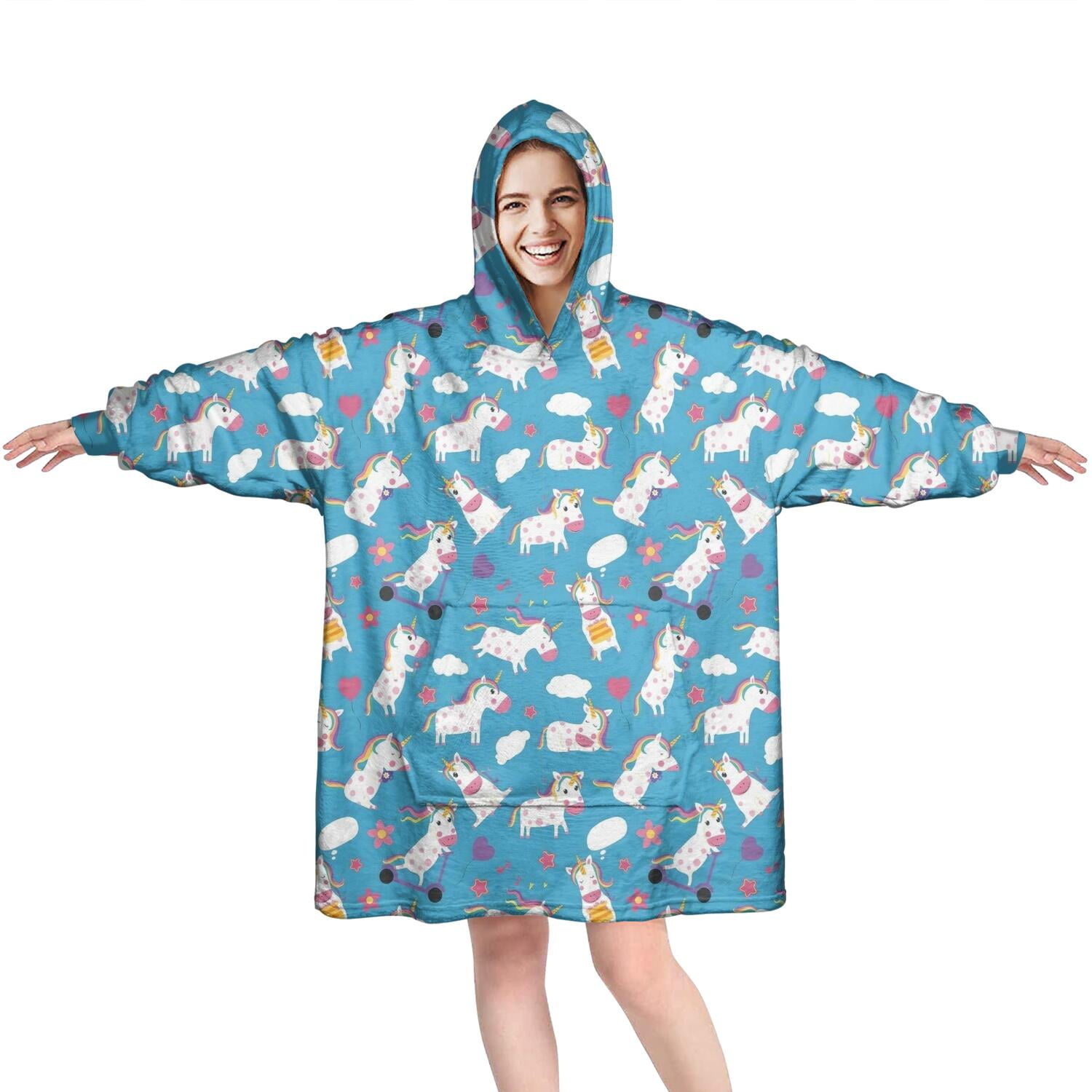 Wearable Oversized Blanket,Blue Cartoon Unicorn Cloud Flower Pattern Wearable Blanket Hoodie for Adults,Cozy Hooded Blankets with Super Pockets,Super Warm Fuzzy Pullover for Women & Men