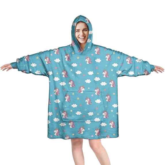 Wearable Oversized Blanket,Blue Cartoon Unicorn Head Star Cloud Pattern Wearable Blanket Hoodie for Adults,Cozy Hooded Blankets with Super Pockets,Super Warm Fuzzy Pullover for Women & Men