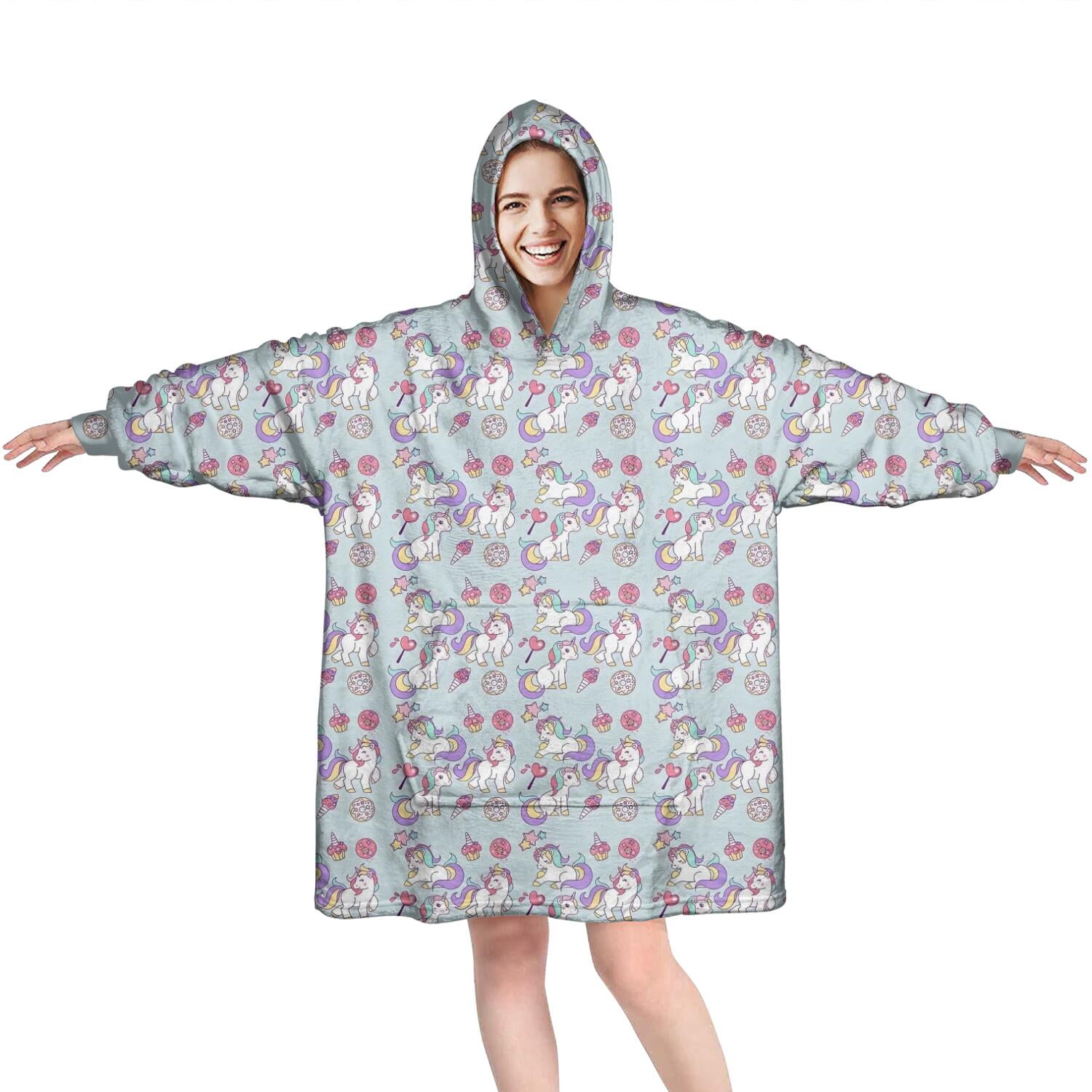 Wearable Oversized Blanket,Blue Cartoon Unicorn Lollipop Pattern Wearable Blanket Hoodie for Adults,Cozy Hooded Blankets with Super Pockets,Super Warm Fuzzy Pullover for Women & Men