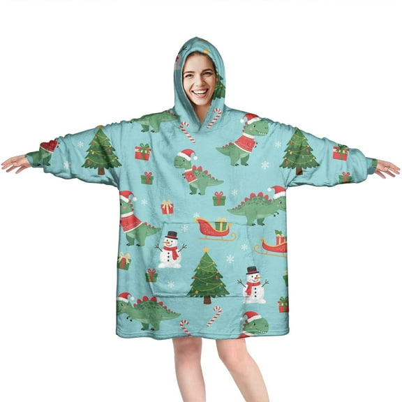 Wearable Oversized Blanket,Blue Christmas Dinosaurs Snowmen Pattern Wearable Blanket Hoodie for Adults,Cozy Hooded Blankets with Super Pockets,Super Warm Fuzzy Pullover for Women & Men