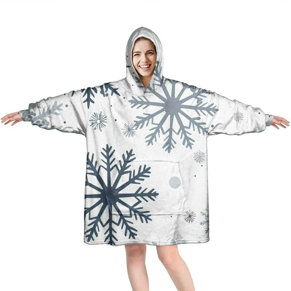 Wearable Oversized Blanket,Blue Christmas Snowflake Pattern Wearable Blanket Hoodie for Adults,Cozy Hooded Blankets with Super Pockets,Super Warm Fuzzy Pullover for Women & Men
