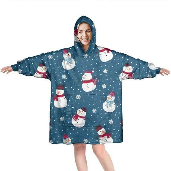 Wearable Oversized Blanket,Blue Christmas Snowman Pattern Wearable Blanket Hoodie for Adults,Cozy Hooded Blankets with Super Pockets,Super Warm Fuzzy Pullover for Women & Men