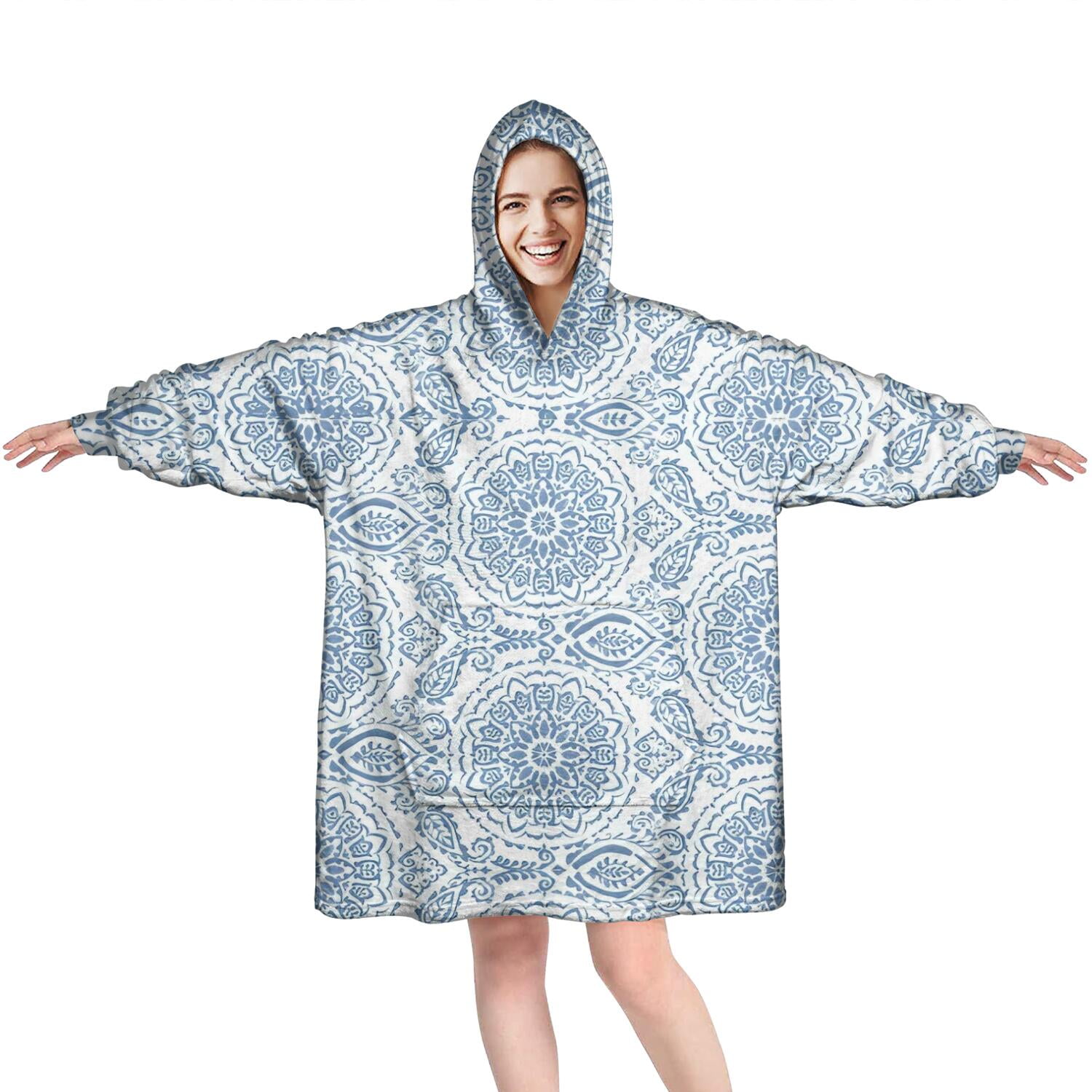 Wearable Oversized Blanket,Blue Ethnic Mandala Pattern Wearable Blanket Hoodie for Adults,Cozy Hooded Blankets with Super Pockets,Super Warm Fuzzy Pullover for Women & Men