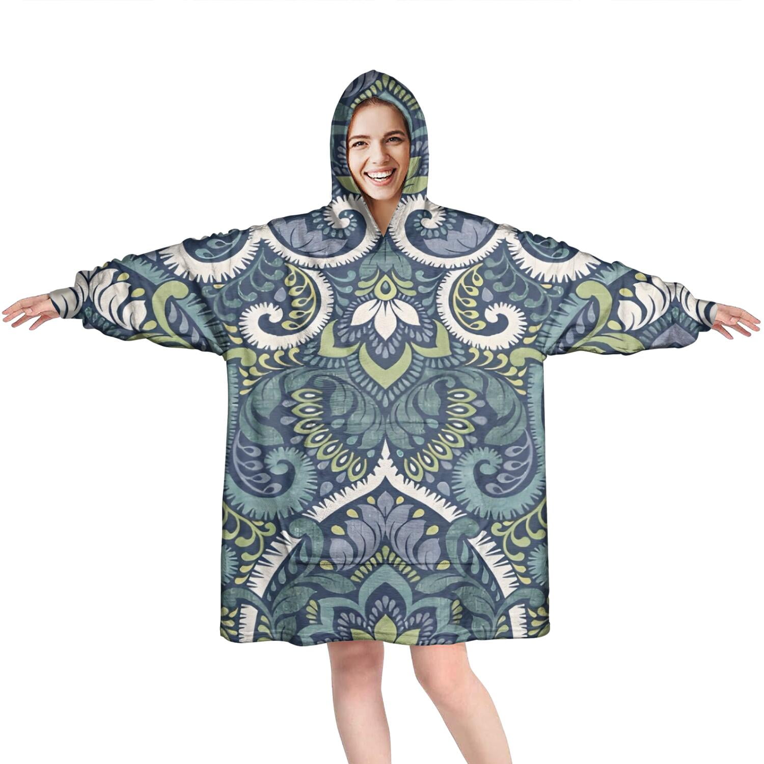 Wearable Oversized Blanket,Blue Ethnic Paisley Pattern Wearable Blanket Hoodie for Adults,Cozy Hooded Blankets with Super Pockets,Super Warm Fuzzy Pullover for Women & Men