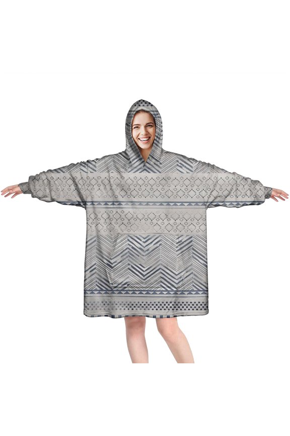 Wearable Oversized Blanket,Blue Geometric Chevron Dot Pattern Wearable Blanket Hoodie for Adults,Cozy Hooded Blankets with Super Pockets,Super Warm Fuzzy Pullover for Women & Men