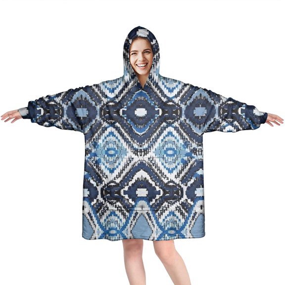 Wearable Oversized Blanket,Blue Geometric Pattern Wearable Blanket Hoodie for Adults,Cozy Hooded Blankets with Super Pockets,Super Warm Fuzzy Pullover for Women & Men