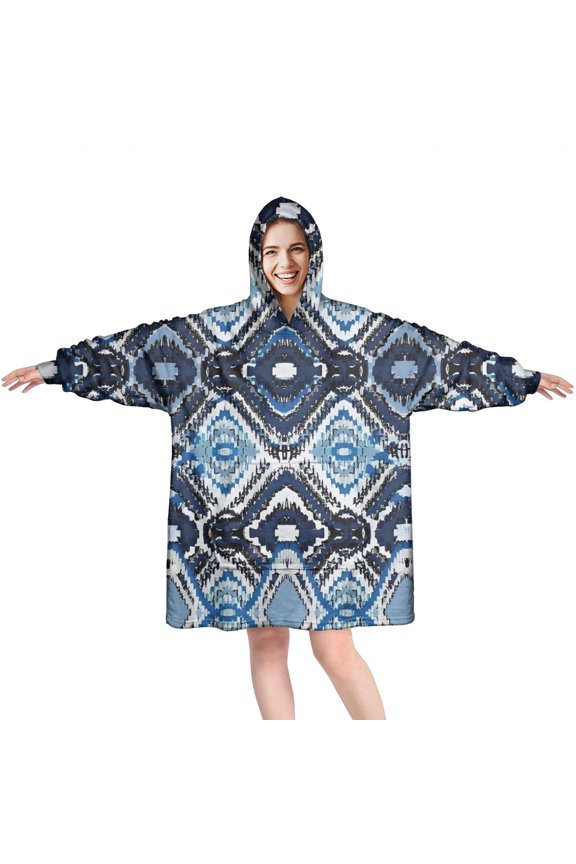 Wearable Oversized Blanket,Blue Geometric Pattern Wearable Blanket Hoodie for Adults,Cozy Hooded Blankets with Super Pockets,Super Warm Fuzzy Pullover for Women & Men