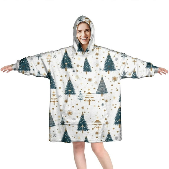 Wearable Oversized Blanket,Blue and Gold Christmas Tree Pattern Wearable Blanket Hoodie for Adults,Cozy Hooded Blankets with Super Pockets,Super Warm Fuzzy Pullover for Women & Men