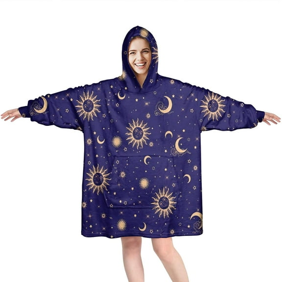 Wearable Oversized Blanket,Blue Gold Sun Moon Pattern Wearable Blanket Hoodie for Adults,Cozy Hooded Blankets with Super Pockets,Super Warm Fuzzy Pullover for Women & Men