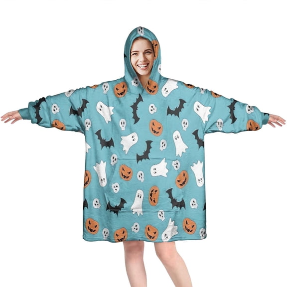 Wearable Oversized Blanket,Blue Halloween Ghosts Pumpkins Skulls and Bats Wearable Blanket Hoodie for Adults,Cozy Hooded Blankets with Super Pockets,Super Warm Fuzzy Pullover for Women & Men