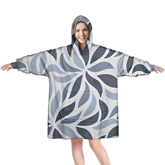 Wearable Oversized Blanket,Blue Leaf Shaped Floral Pattern Wearable Blanket Hoodie for Adults,Cozy Hooded Blankets with Super Pockets,Super Warm Fuzzy Pullover for Women & Men