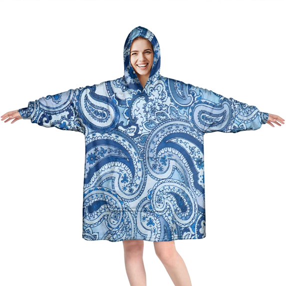 Wearable Oversized Blanket,Blue Paisley Pattern Wearable Blanket Hoodie for Adults,Cozy Hooded Blankets with Super Pockets,Super Warm Fuzzy Pullover for Women & Men