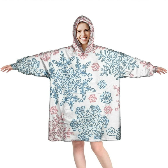 Wearable Oversized Blanket,Blue and Pink Christmas Snowflake Pattern Wearable Blanket Hoodie for Adults,Cozy Hooded Blankets with Super Pockets,Super Warm Fuzzy Pullover for Women & Men