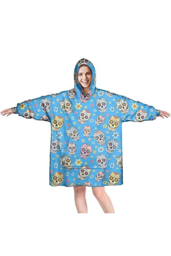 Wearable Oversized Blanket,Blue Skull Floral Pattern Wearable Blanket Hoodie for Adults,Cozy Hooded Blankets with Super Pockets,Super Warm Fuzzy Pullover for Women & Men