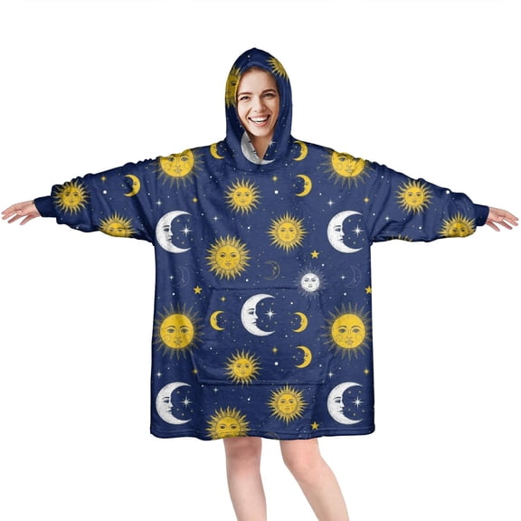 Wearable Oversized Blanket,Blue Sun Moon Star Pattern Wearable Blanket Hoodie for Adults,Cozy Hooded Blankets with Super Pockets,Super Warm Fuzzy Pullover for Women & Men