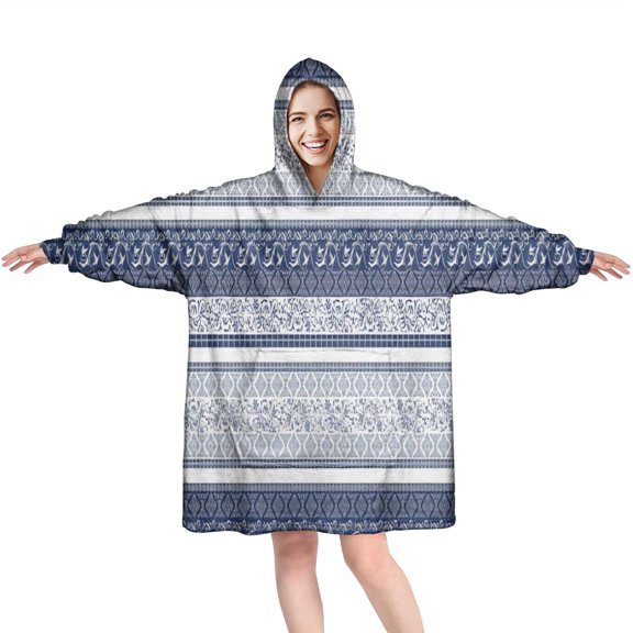 Wearable Oversized Blanket,Blue and White Geometric Striped Pattern Wearable Blanket Hoodie for Adults,Cozy Hooded Blankets with Super Pockets,Super Warm Fuzzy Pullover for Women & Men