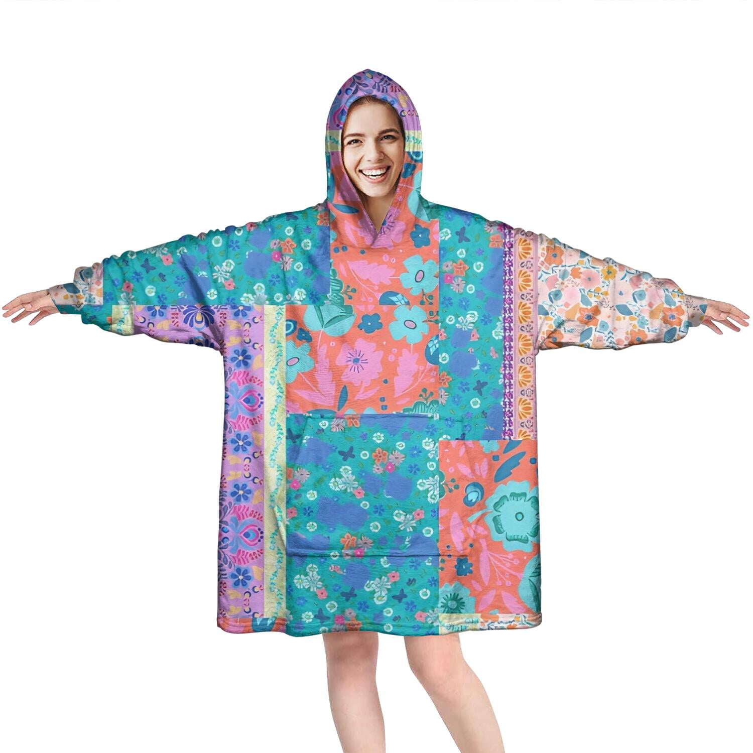 Wearable Oversized Blanket,Bohemian Pioneer Flower Patchwork Wearable Blanket Hoodie for Adults,Cozy Hooded Blankets with Super Pockets,Super Warm Fuzzy Pullover for Women & Men