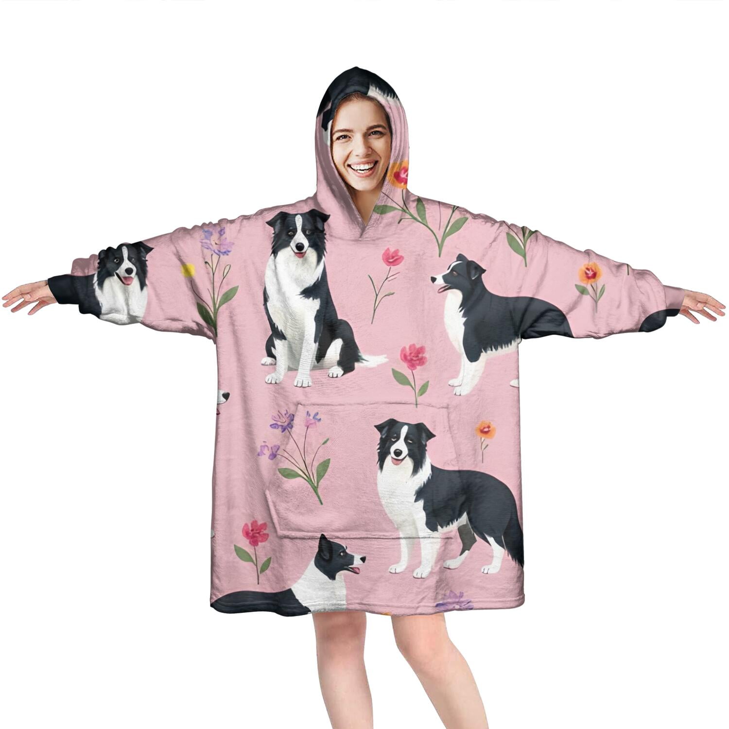 Wearable Oversized Blanket,Border Collie Dogs with Pioneer Flower Wearable Blanket Hoodie for Adults,Cozy Hooded Blankets with Super Pockets,Super Warm Fuzzy Pullover for Women & Men