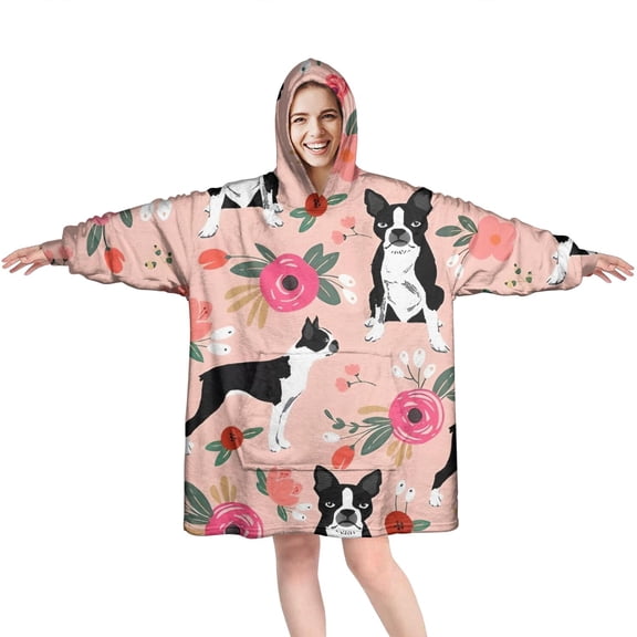 Wearable Oversized Blanket,Boston Terrier Dog and Flower Florals Wearable Blanket Hoodie for Adults,Cozy Hooded Blankets with Super Pockets,Super Warm Fuzzy Pullover for Women & Men
