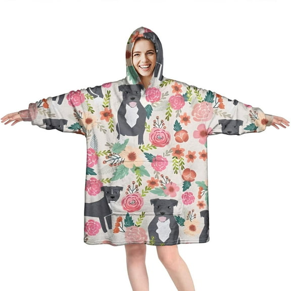 Wearable Oversized Blanket,Boston Terrier Dog with Flower Wearable Blanket Hoodie for Adults,Cozy Hooded Blankets with Super Pockets,Super Warm Fuzzy Pullover for Women & Men