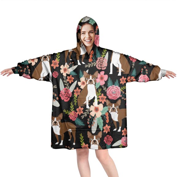 Wearable Oversized Blanket,Boston Terrier Dog with Pioneer Flower Wearable Blanket Hoodie for Adults,Cozy Hooded Blankets with Super Pockets,Super Warm Fuzzy Pullover for Women & Men