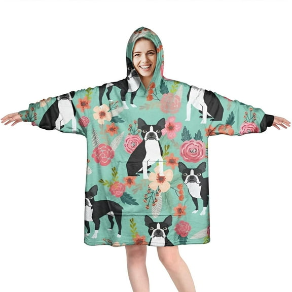 Wearable Oversized Blanket,Boston Terrier Floral Flowers Wearable Blanket Hoodie for Adults,Cozy Hooded Blankets with Super Pockets,Super Warm Fuzzy Pullover for Women & Men